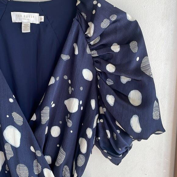 Ted Baker Steviee Polka Dot Puff Sleeve Dress Faux Wrap Dress Navy - Picture 5 of 16